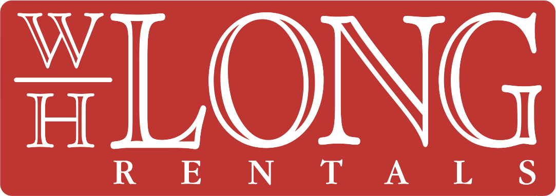 Logo for WH Long Rentals featuring large white text on a red background.