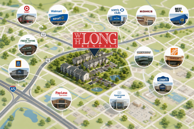 Map illustration showing WH Long Rentals at the center, surrounded by icons and storefronts of nearby major retailers and stores—such as Walmart, Target, Lowe’s, and Home Depot—highlighting the convenient shopping near Lafayette apartments. This visual emphasizes the prime location for those seeking brand-new apartments in Lafayette with easy access to popular shopping destinations.